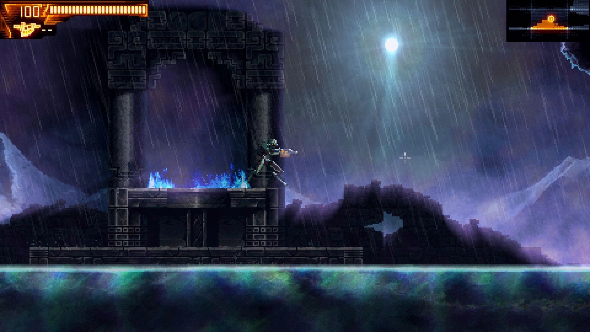 Acrolyte: Character stands on ancient platform with blue flames during rainstorm, health bar at 100%