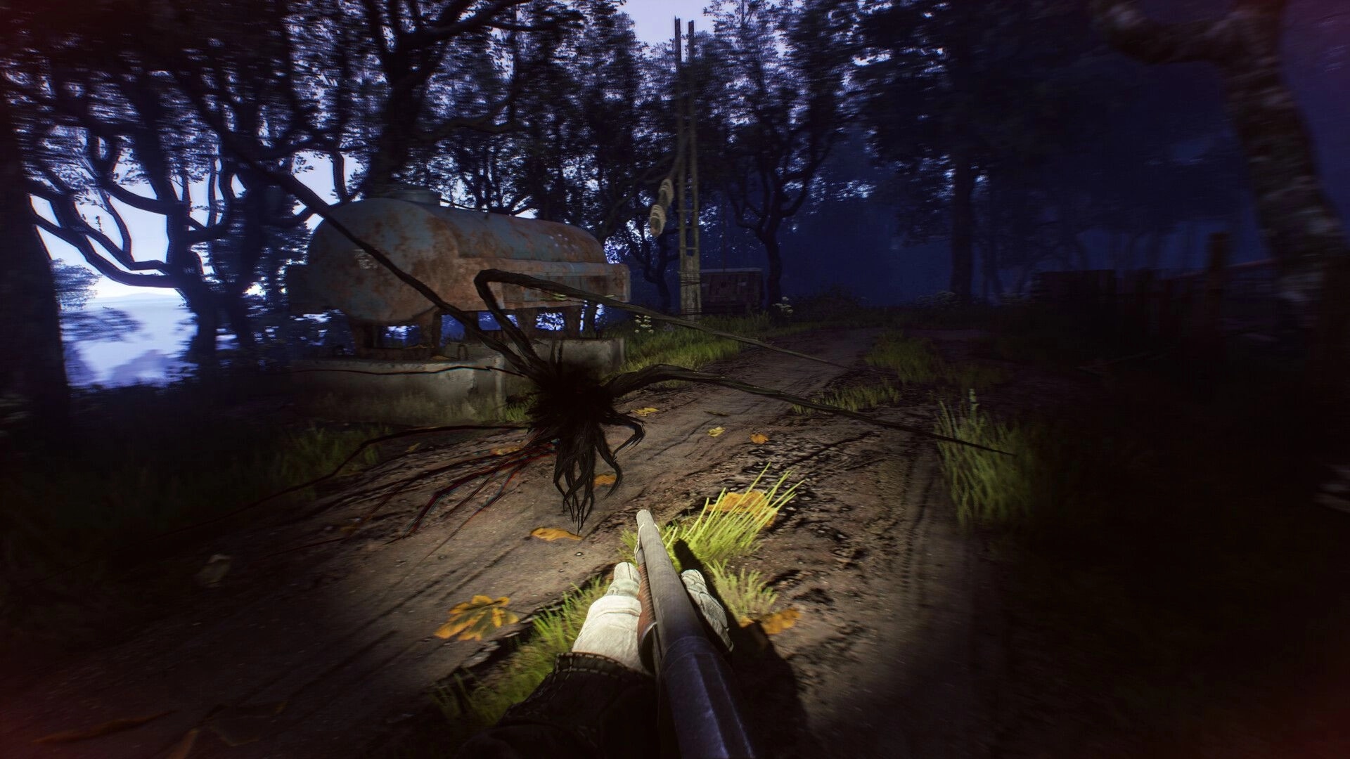 Active Matter: First-person view aiming at shadowy creature in forest with rusty tanker nearby