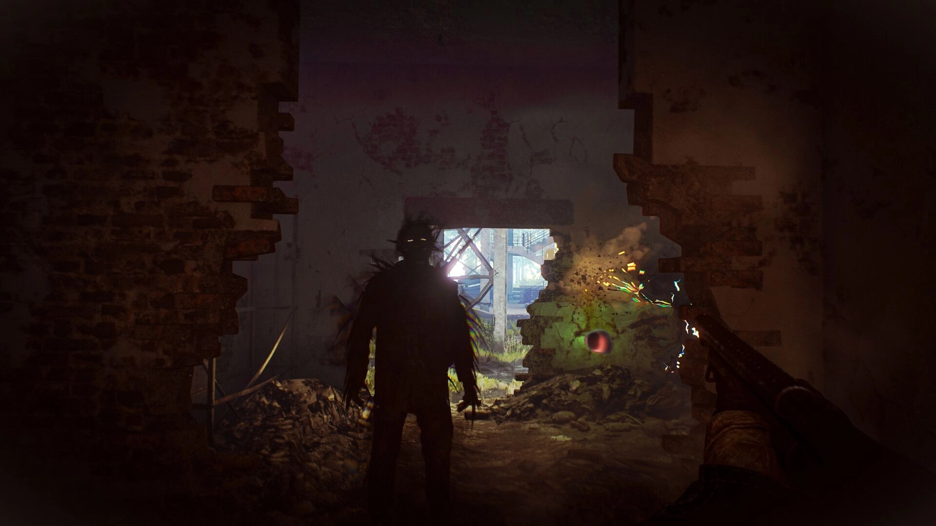 Active Matter: Player aiming shotgun at silhouetted enemy in dimly lit corridor with crumbling walls