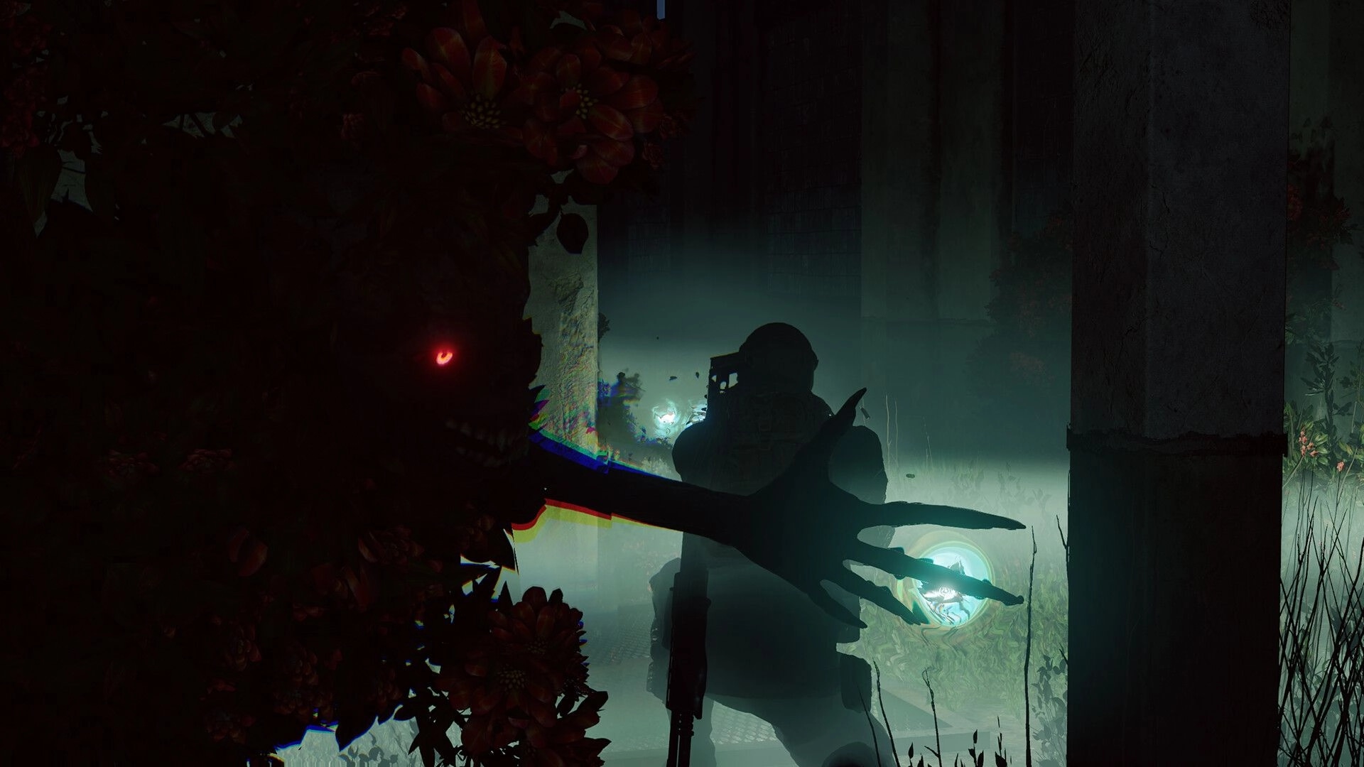 Active Matter: Soldier in dark forest aiming at glowing red-eyed creature amidst dense foliage