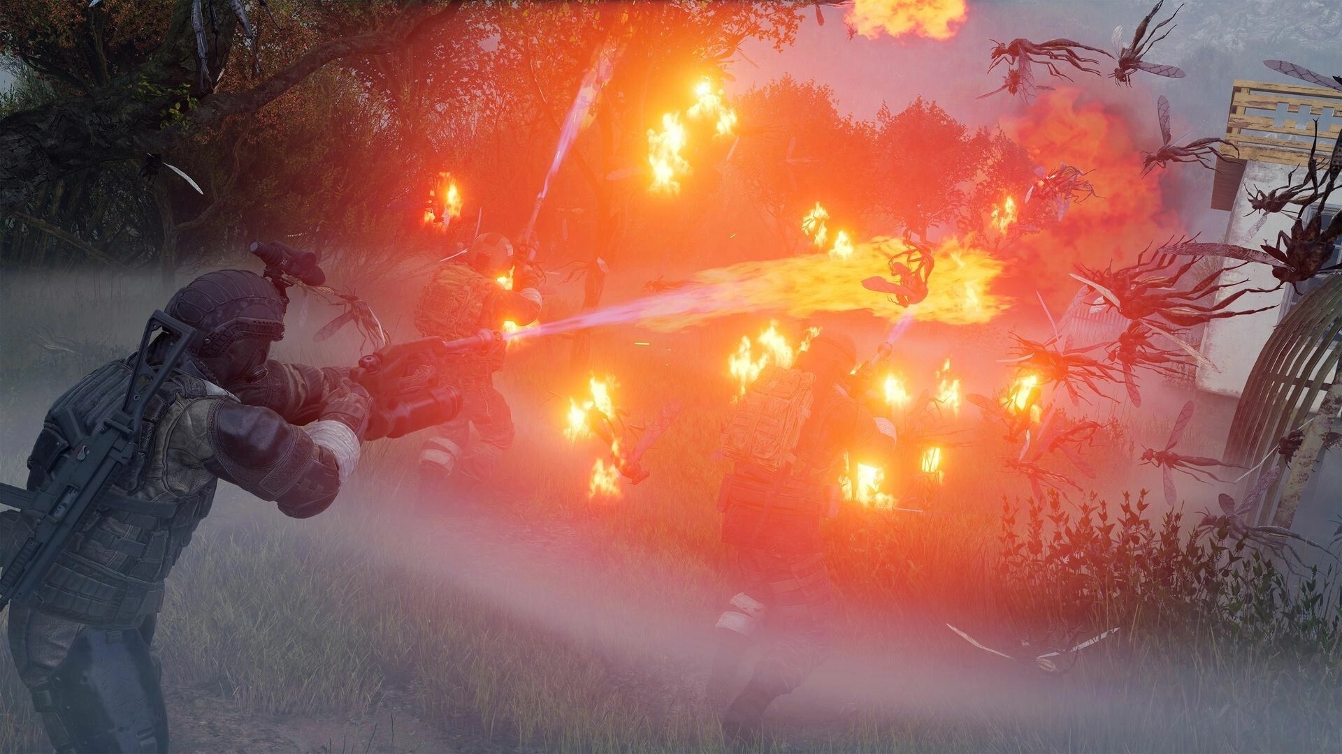 Active Matter: Soldiers using flamethrowers against swarming insects in a misty forest environment