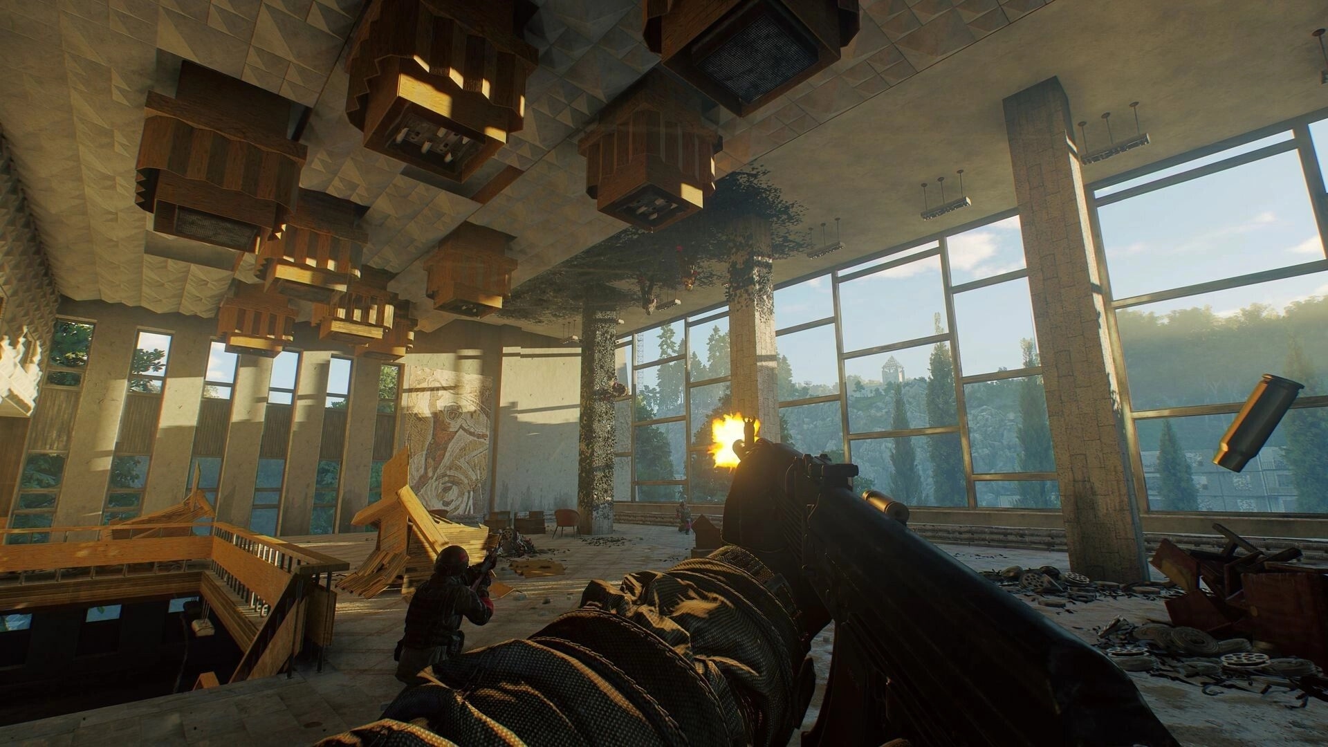 Active Matter: Player firing in a sunlit, abandoned hall with broken furniture and large windows