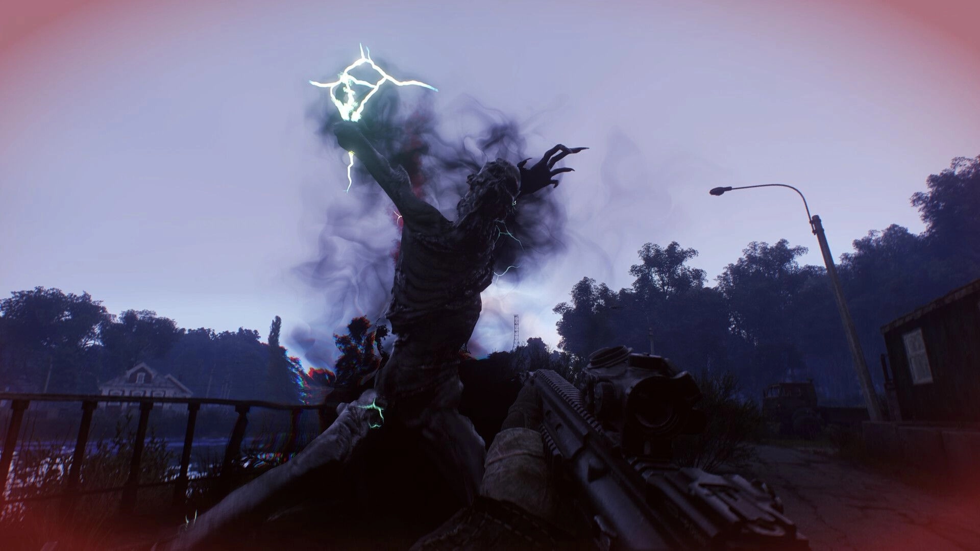 Active Matter: Player aims at a shadowy creature emitting energy in a dark, overgrown urban environment.