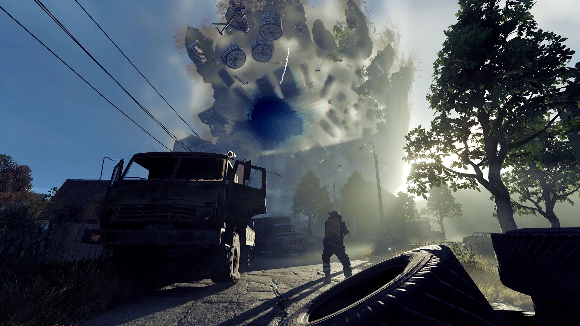 Active Matter: Soldier stands in abandoned village street, observing massive vortex in sky above.