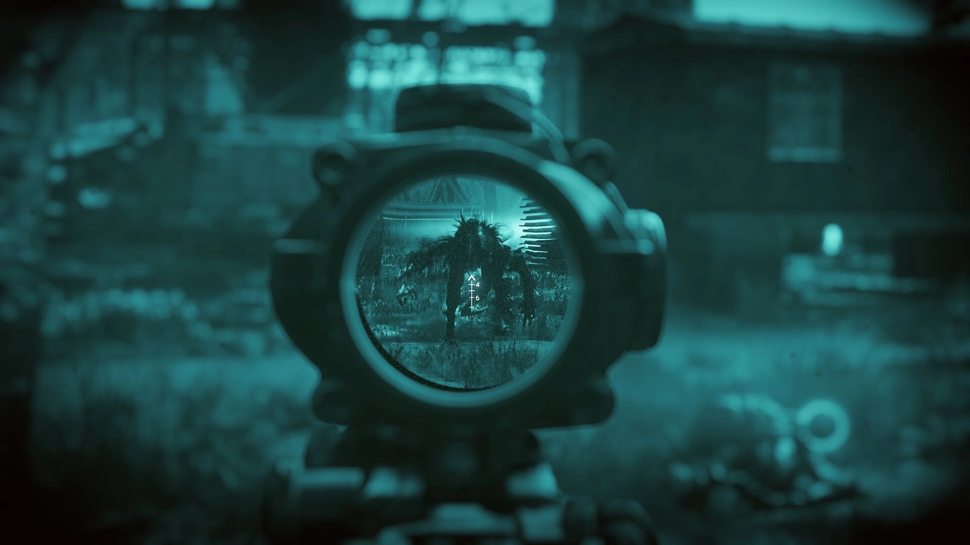 Active Matter: Sniper scope view targeting a creature in a dimly lit, dilapidated urban environment