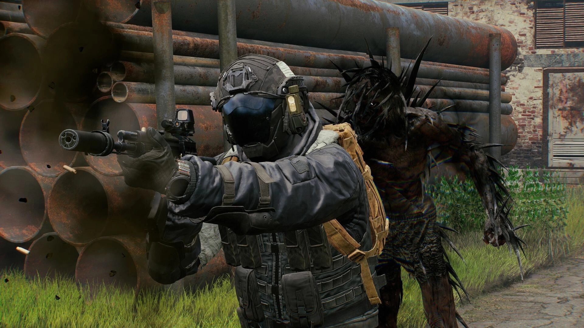 Active Matter: Soldier aiming rifle at shadowy creature in industrial zone with rusted pipes