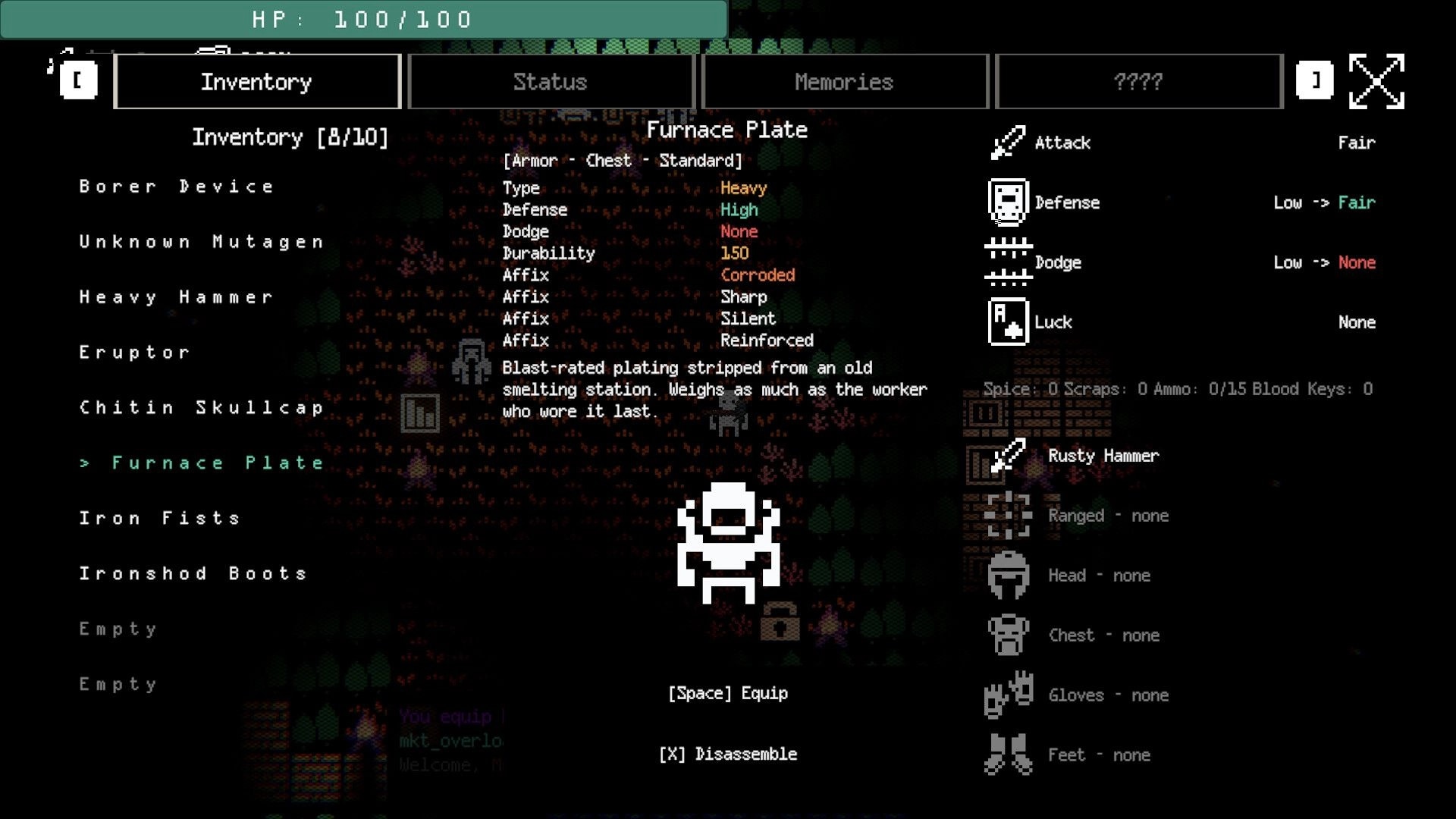 Ad Iterum: Inventory screen highlighting Furnace Plate armor with stats and equipment slots over map.