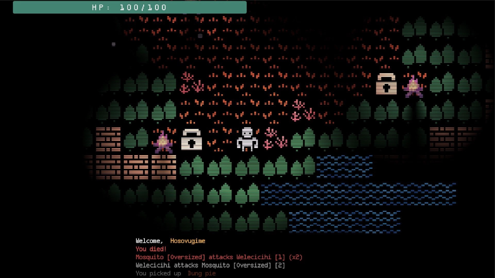 Ad Iterum: HP 100/100 UI over pixel forest map with locked chests, NPCs, and death combat log.