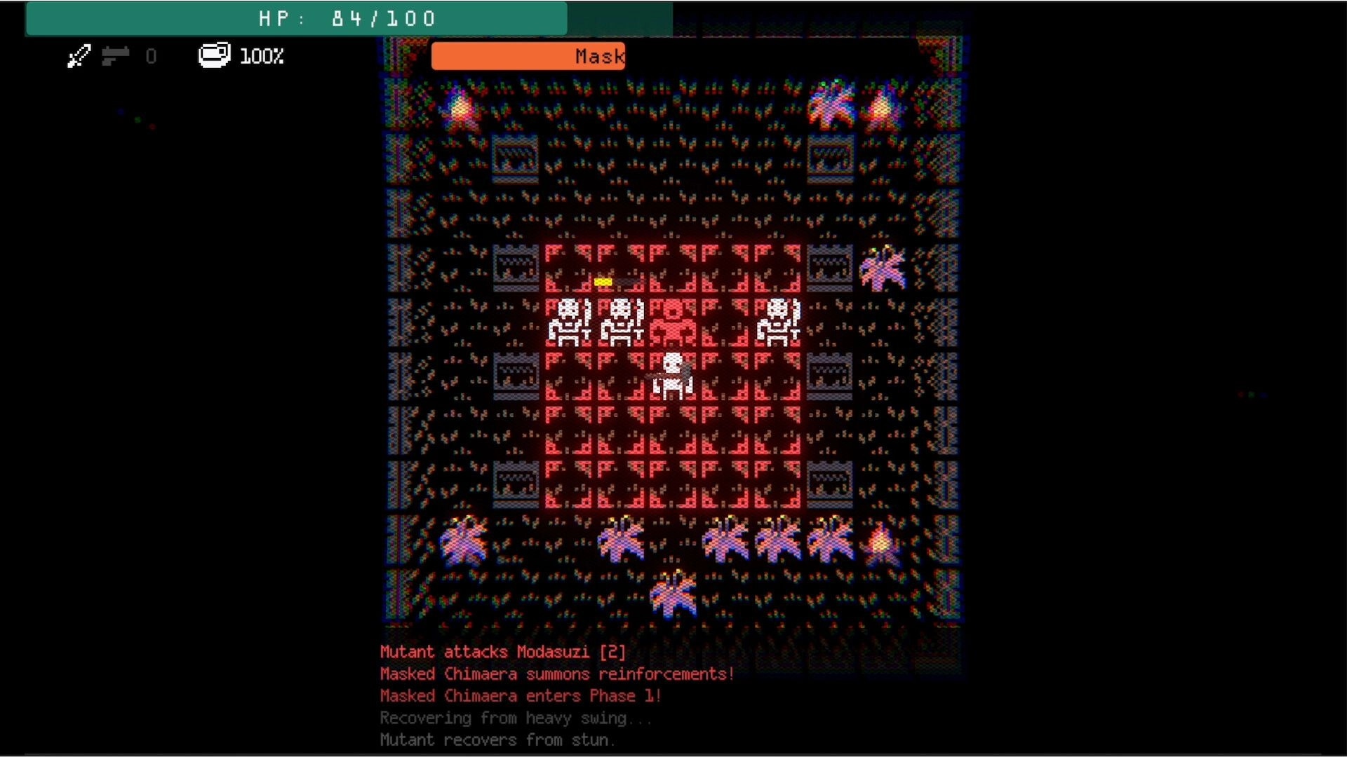 Ad Iterum: Turn-based boss fight vs Masked Chimaera in a torchlit arena with HP bar and combat log.