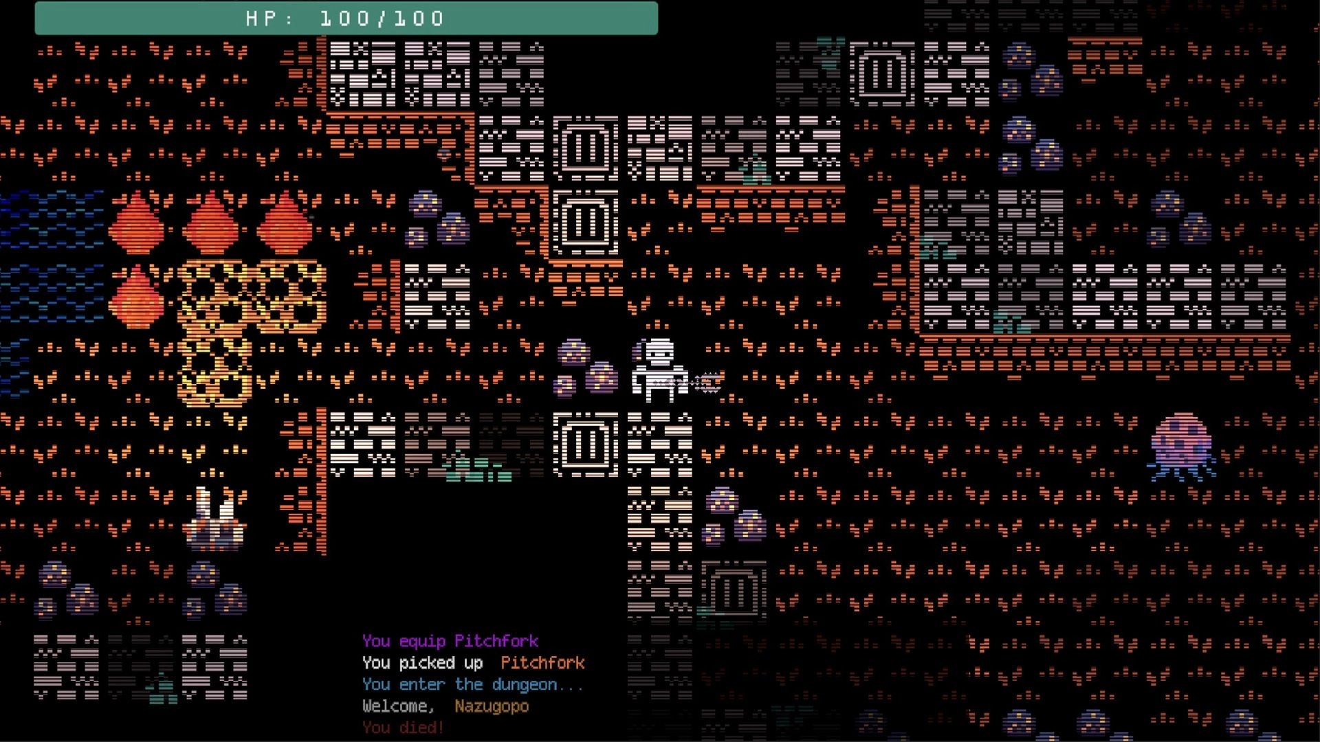 Ad Iterum: Player sprite with pitchfork in ruins dungeon, HP 100/100 bar and combat log below.