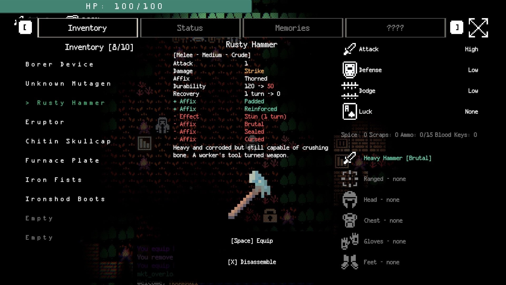 Ad Iterum: Inventory menu highlighting Rusty Hammer stats and affixes over dark pixel forest map.