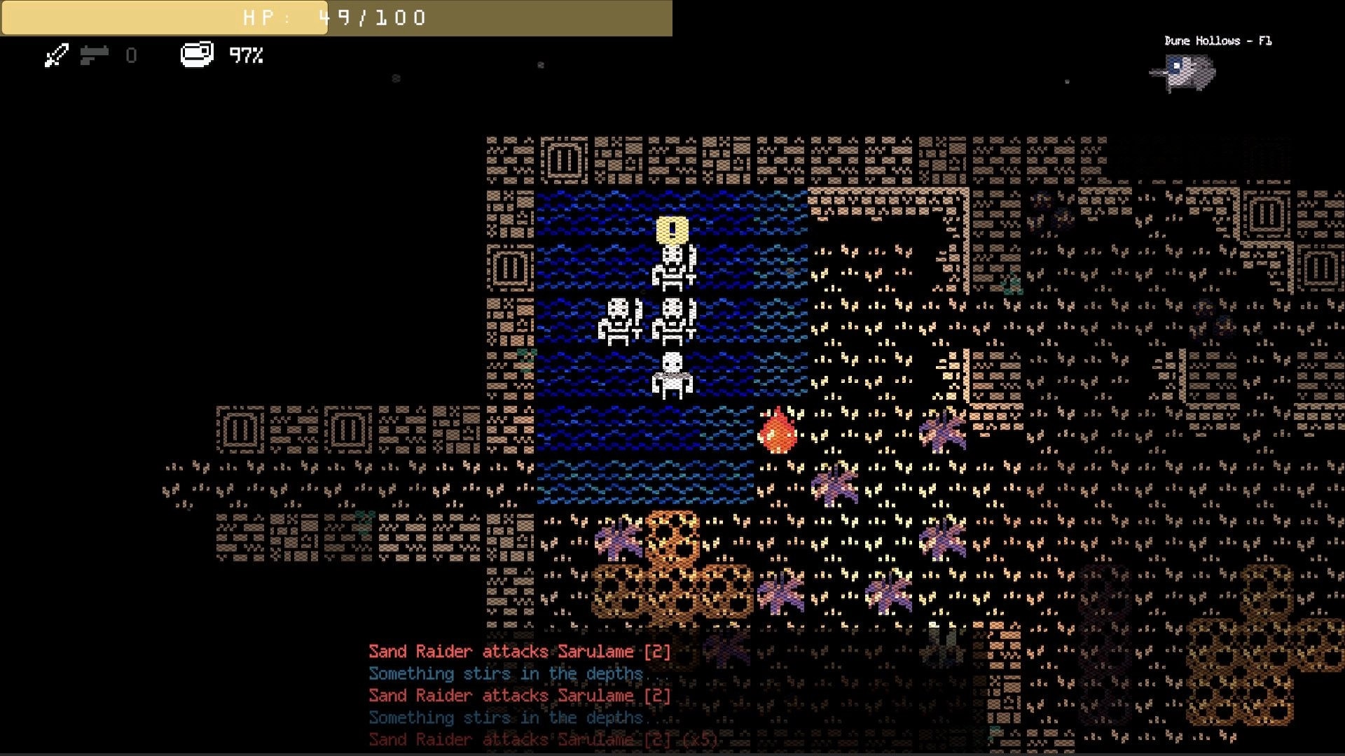 Ad Iterum: Party of four in a water channel as sand raiders swarm in a ruined dungeon, HP 49/100 UI.