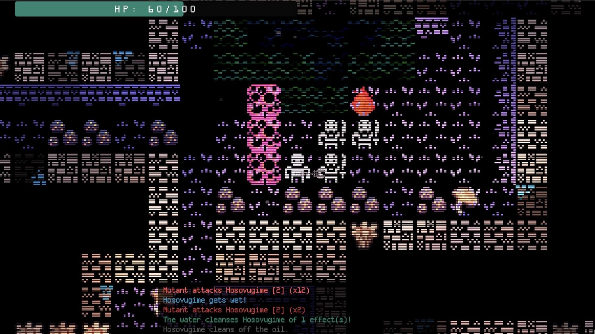 Ad Iterum: Turn-based fight with mutants near a pink pillar in a dark ruin, HP 60/100 log below.