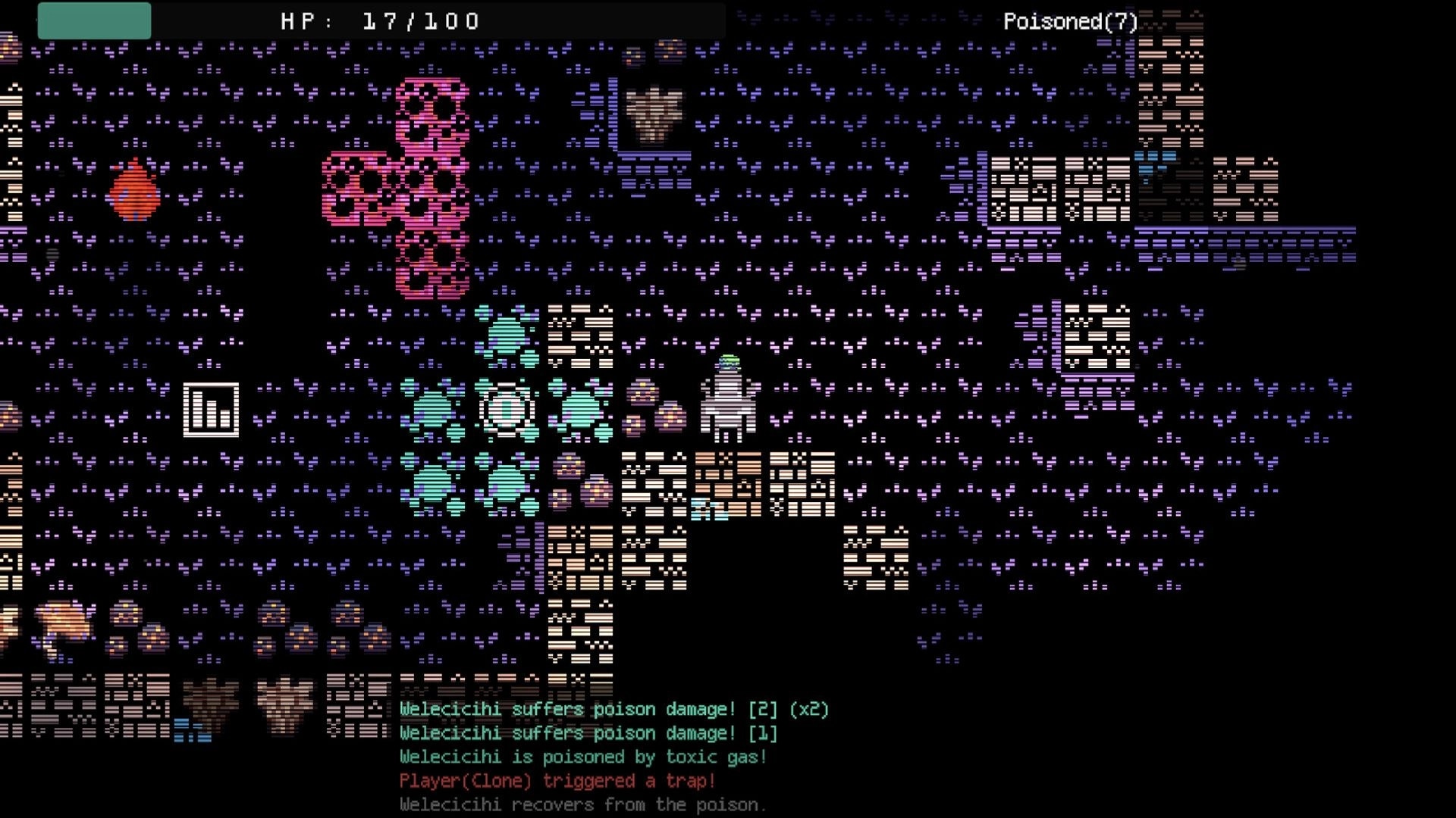 Ad Iterum: Low HP poisoned player faces clustered enemies in purple ruins with combat log UI visible.