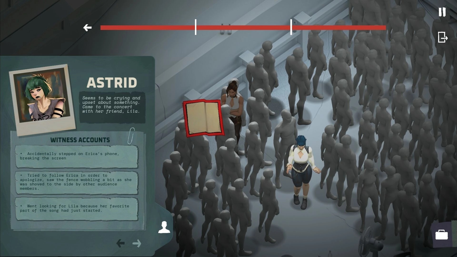 Ad Memoriam: Astrid witness accounts panel beside a crowded concert floor with highlighted suspect marker.