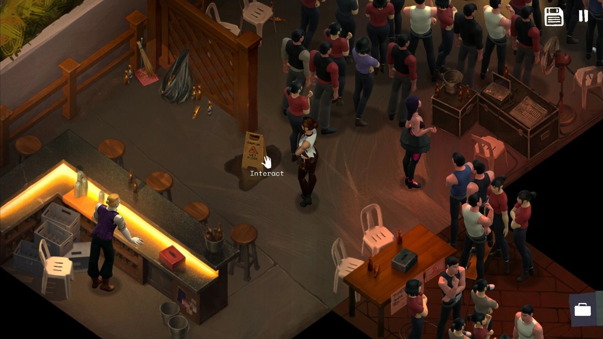 Ad Memoriam: Player hovers Interact over a caution sign in a crowded bar with UI icons visible.