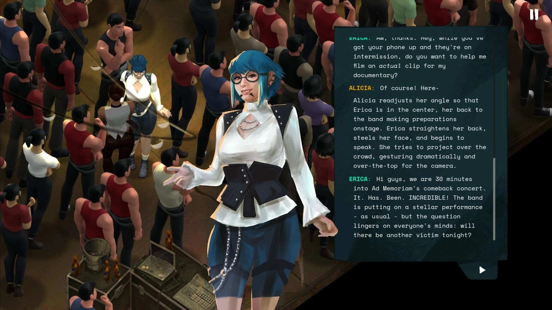 Ad Memoriam: Dialogue scene with Alicia and Erica amid concert crowd, text panel and pause icon.
