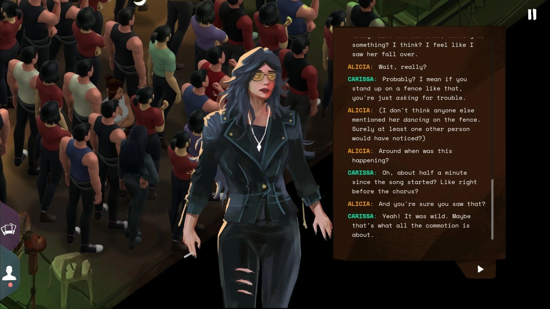 Ad Memoriam: Dialogue with Alicia and Carissa over packed concert crowd, pause and scroll UI visible.