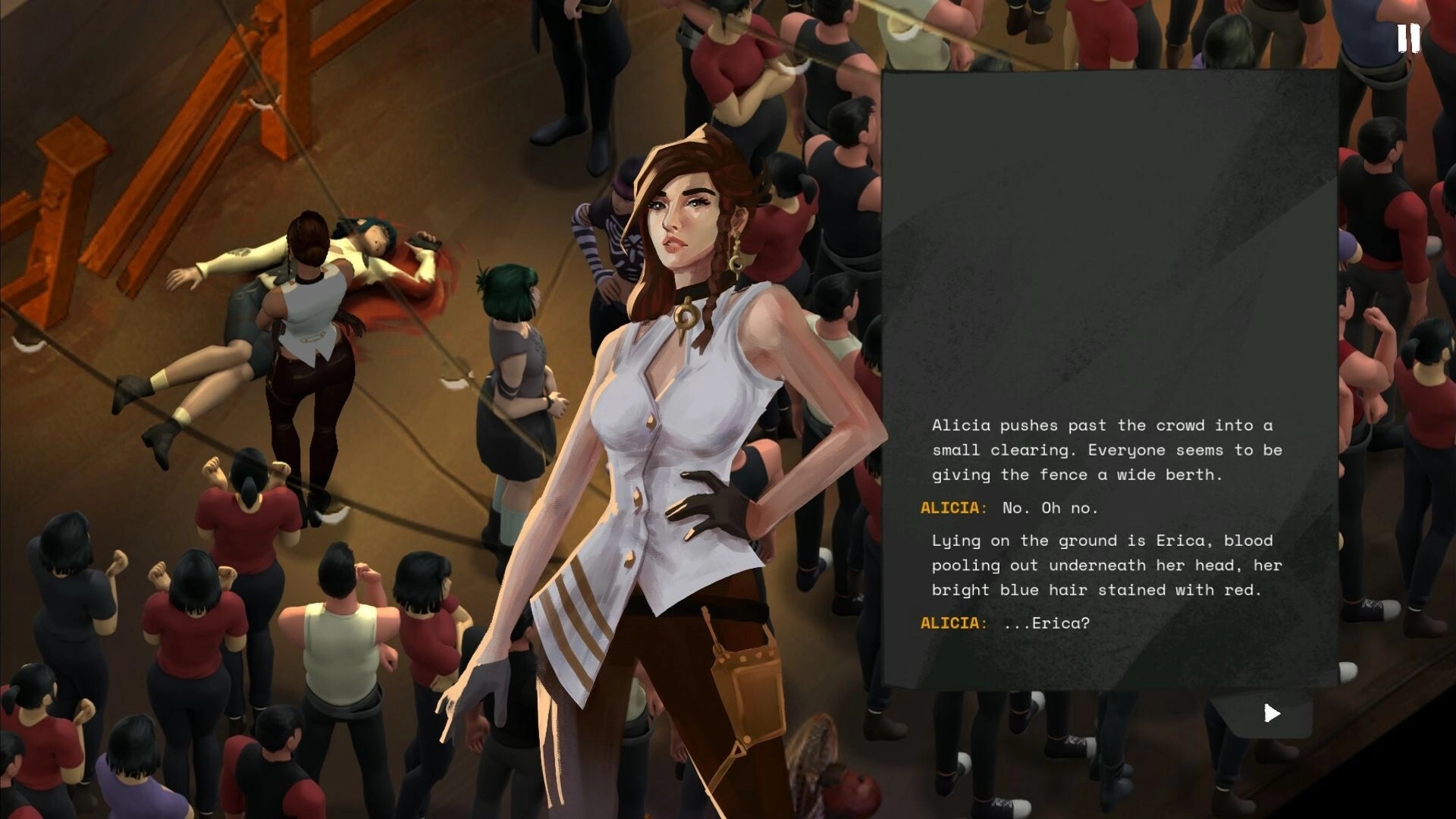 Ad Memoriam: Alicia in dialogue UI beside a dead body scene, crowd gathered behind a fence at venue.