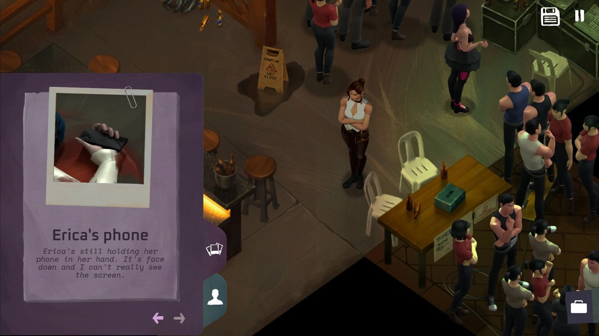 Ad Memoriam: Evidence card for Erica's phone open beside a crowded bar floor with NPCs gathered.