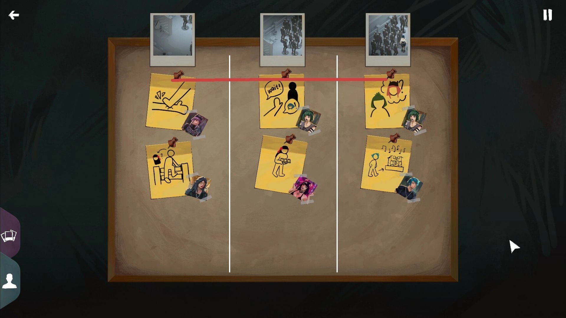 Ad Memoriam: Evidence board linking photos and sketch notes with red string in investigation UI.