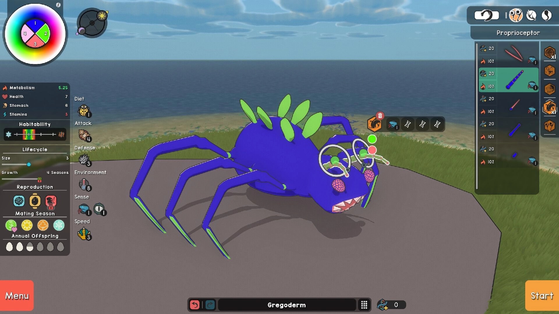 Adapt: Creature customization screen with blue insect on platform near ocean, UI stats and traits visible