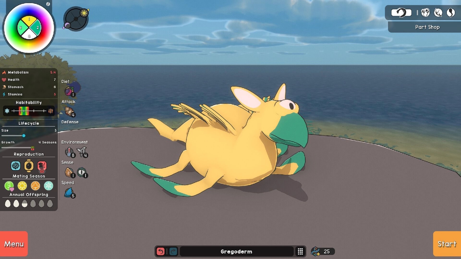 Adapt: Creature named Gregoderm on cliff with detailed stats menu and ocean view in the background