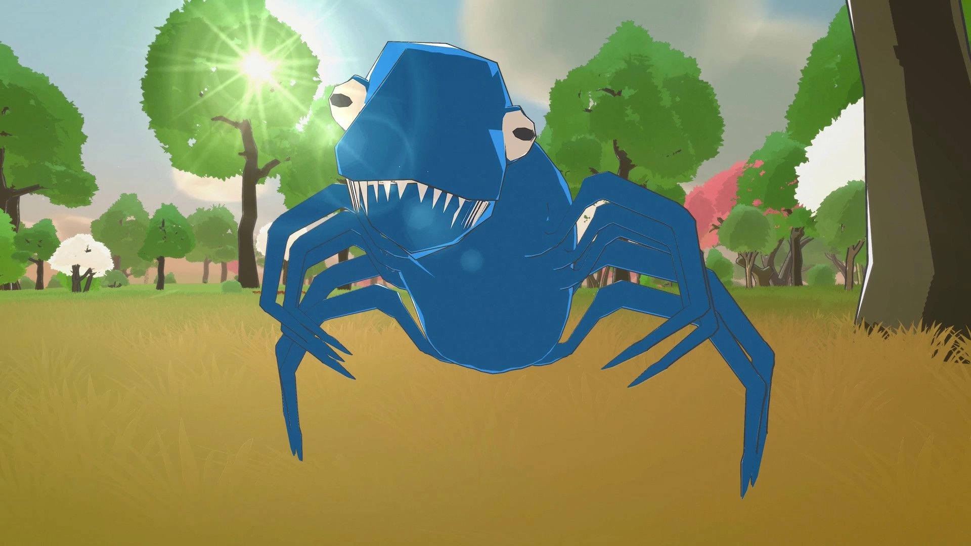 Adapt: Blue creature with sharp teeth in a vibrant forest setting under a bright sun.