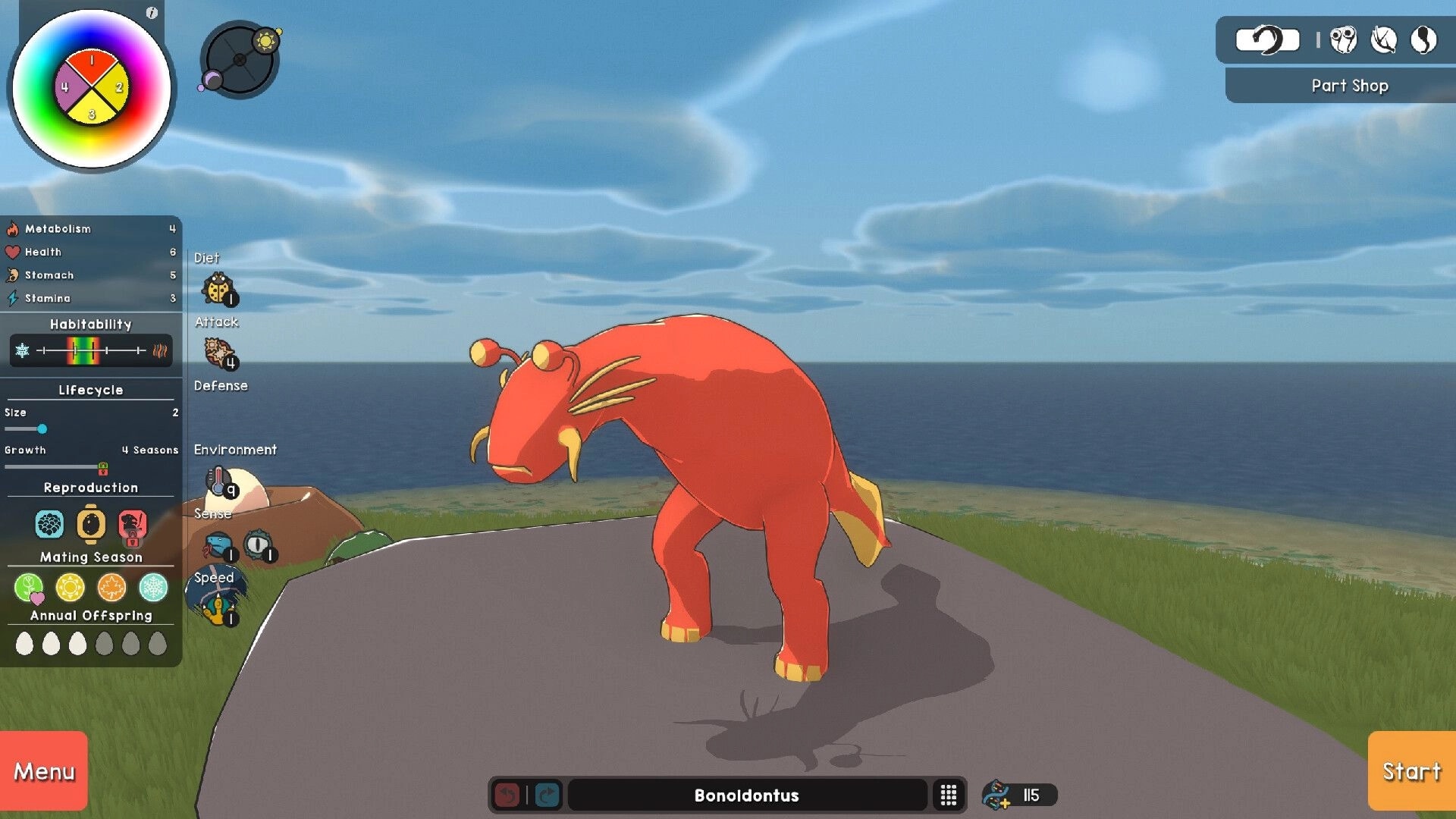 Adapt: Red creature named Bonoldontus stands on cliff with stats and options displayed on the left.