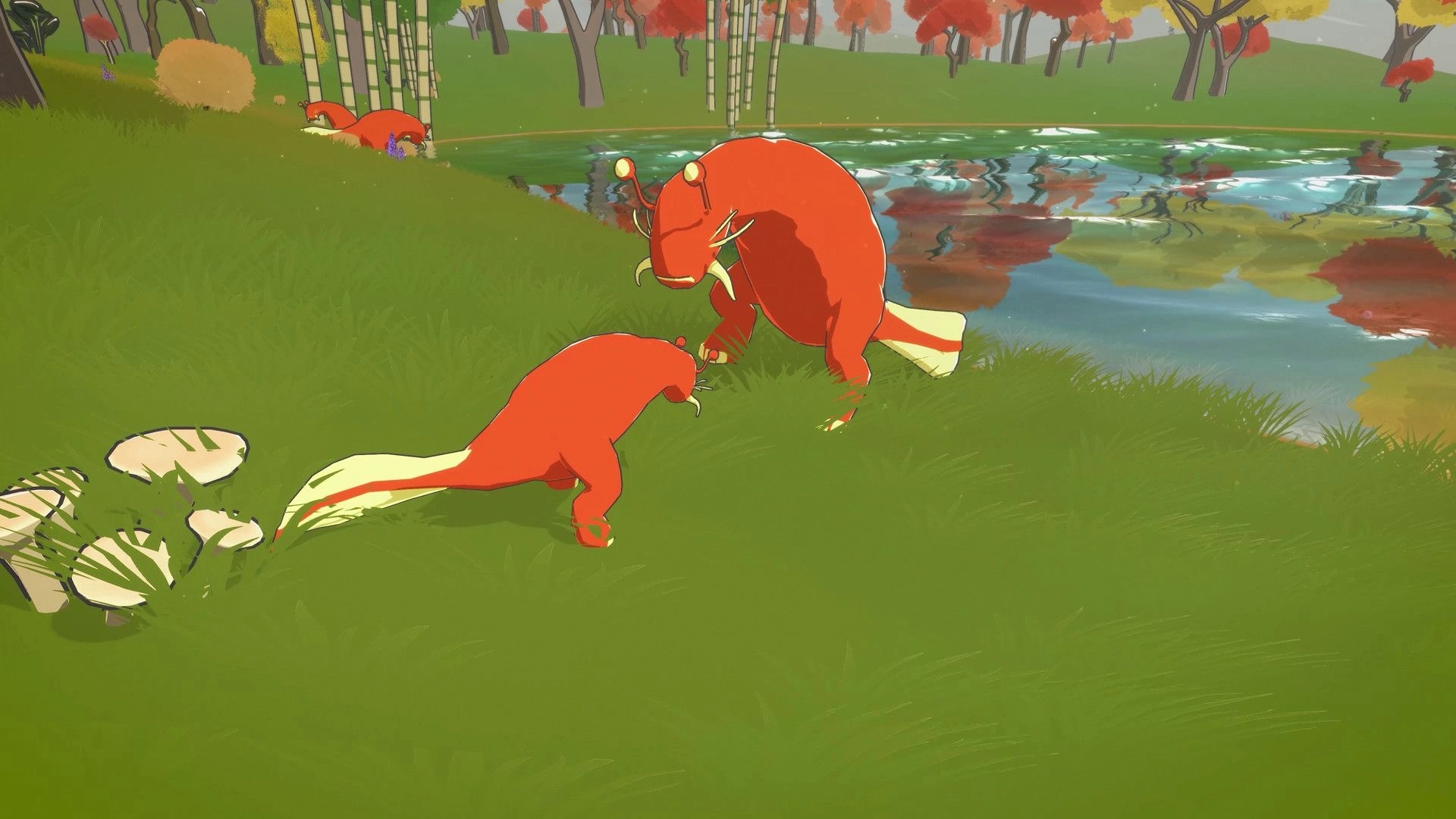 Adapt: Two red creatures interact by a reflective pond surrounded by colorful autumn trees.
