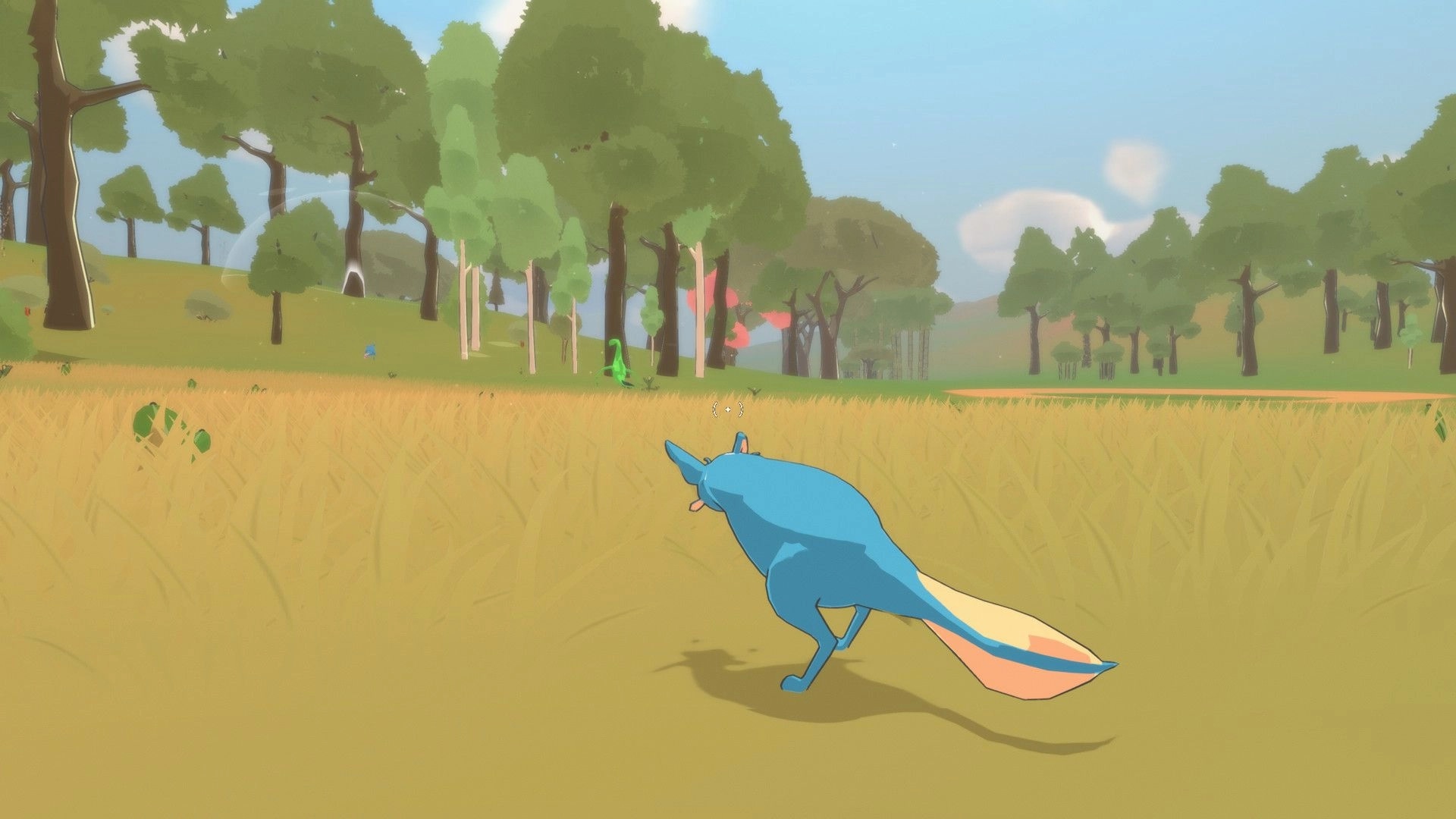 Adapt: Blue creature exploring a sunny forest meadow with distant trees and other creatures visible