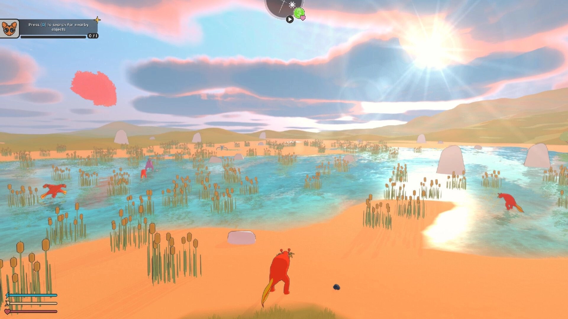 Adapt: Creature explores sunlit wetland with UI for searching objects visible