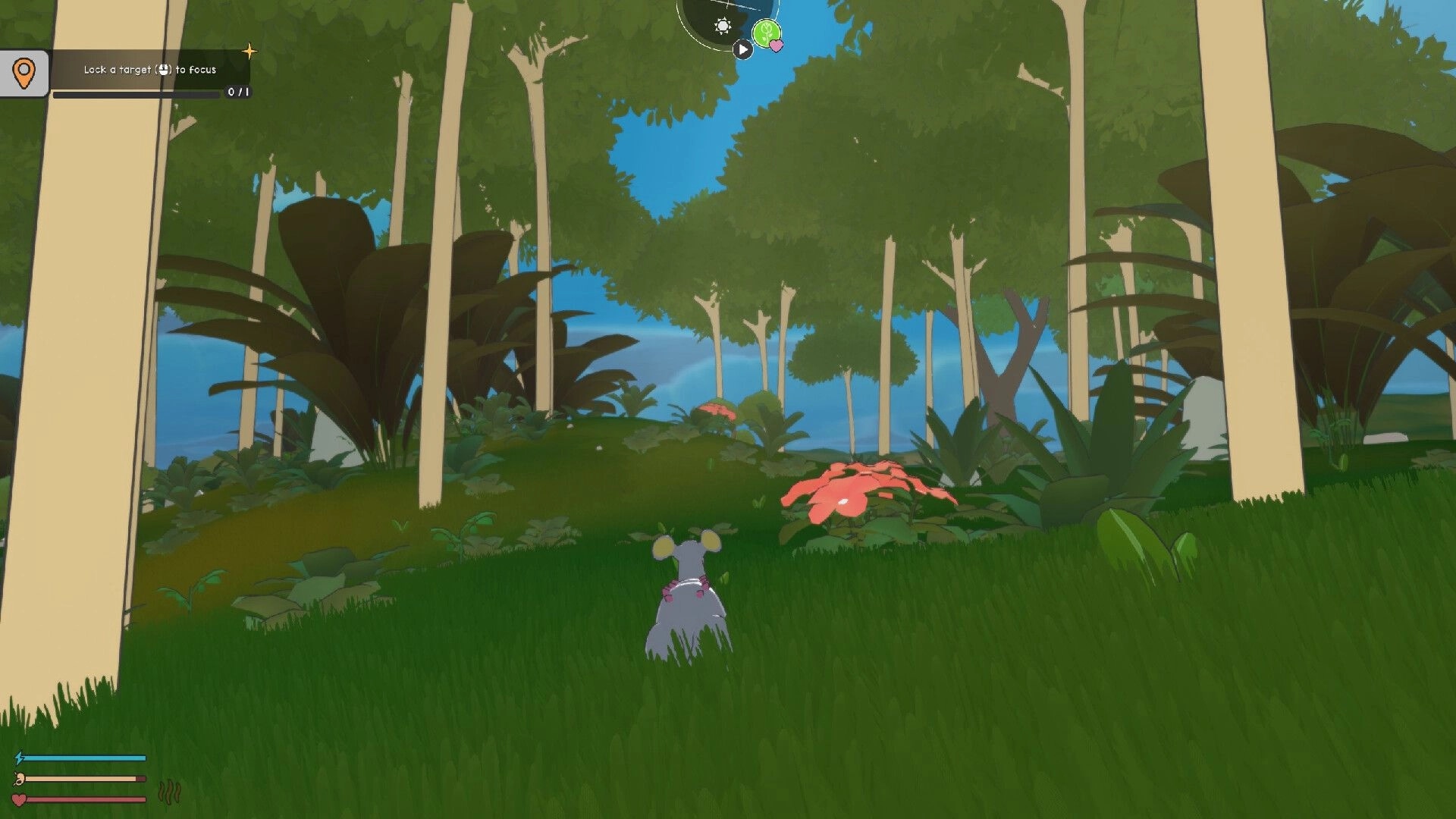 Adapt: Creature navigates lush forest with UI prompt to lock target visible in corner