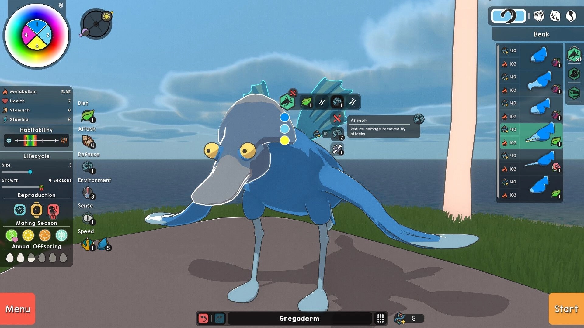 Adapt: Creature customization screen with stats and equipment options in a coastal environment