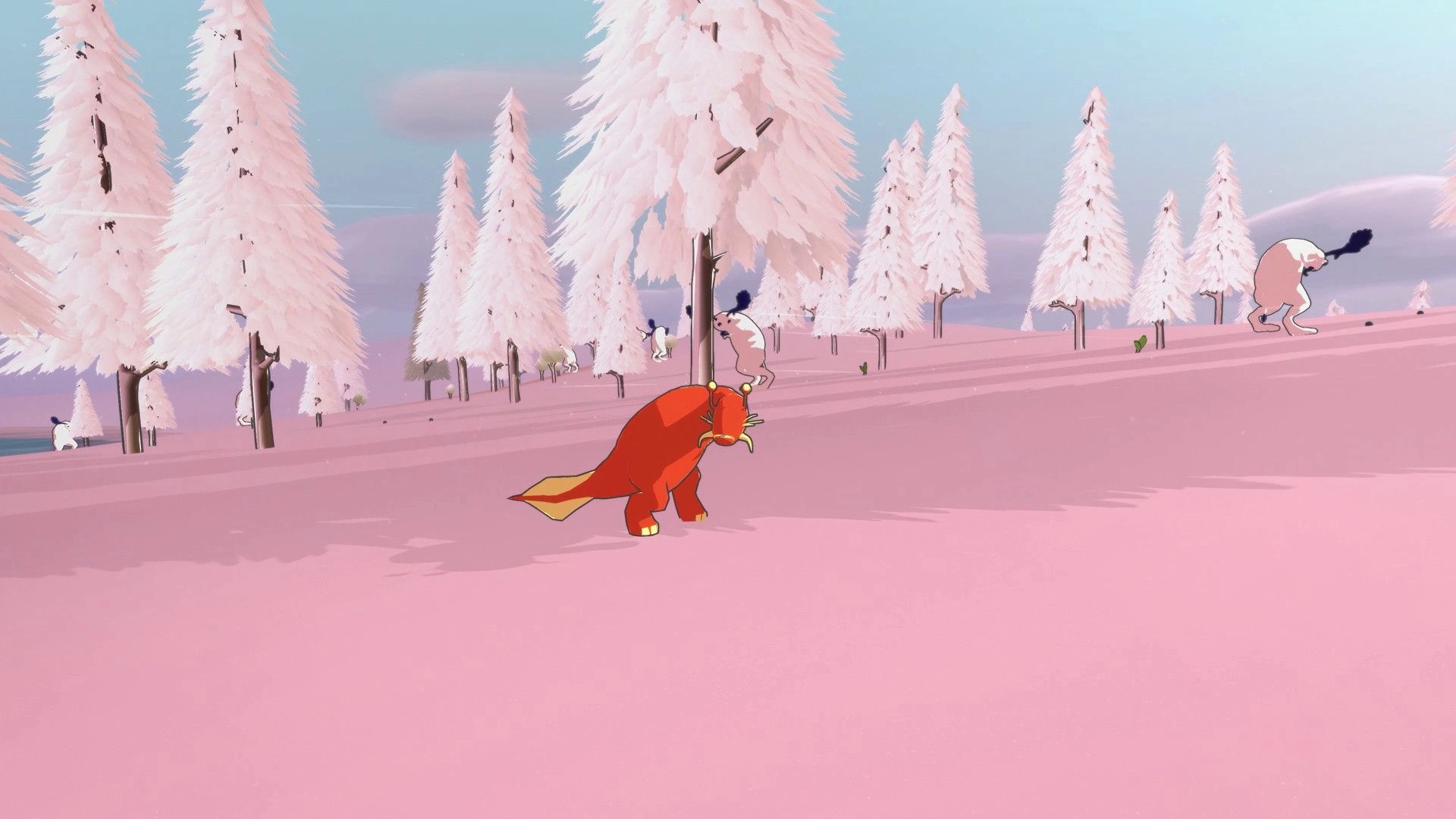 Adapt: Red creature navigates snowy forest with strange animals nearby in pink and white landscape.