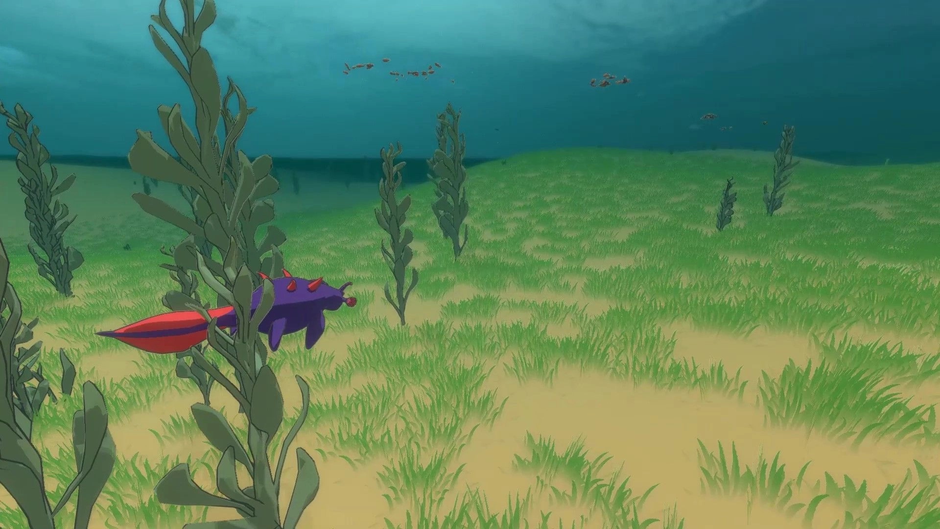 Adapt: Strange purple creature swims through underwater forest, surrounded by seaweed and sandy floor.
