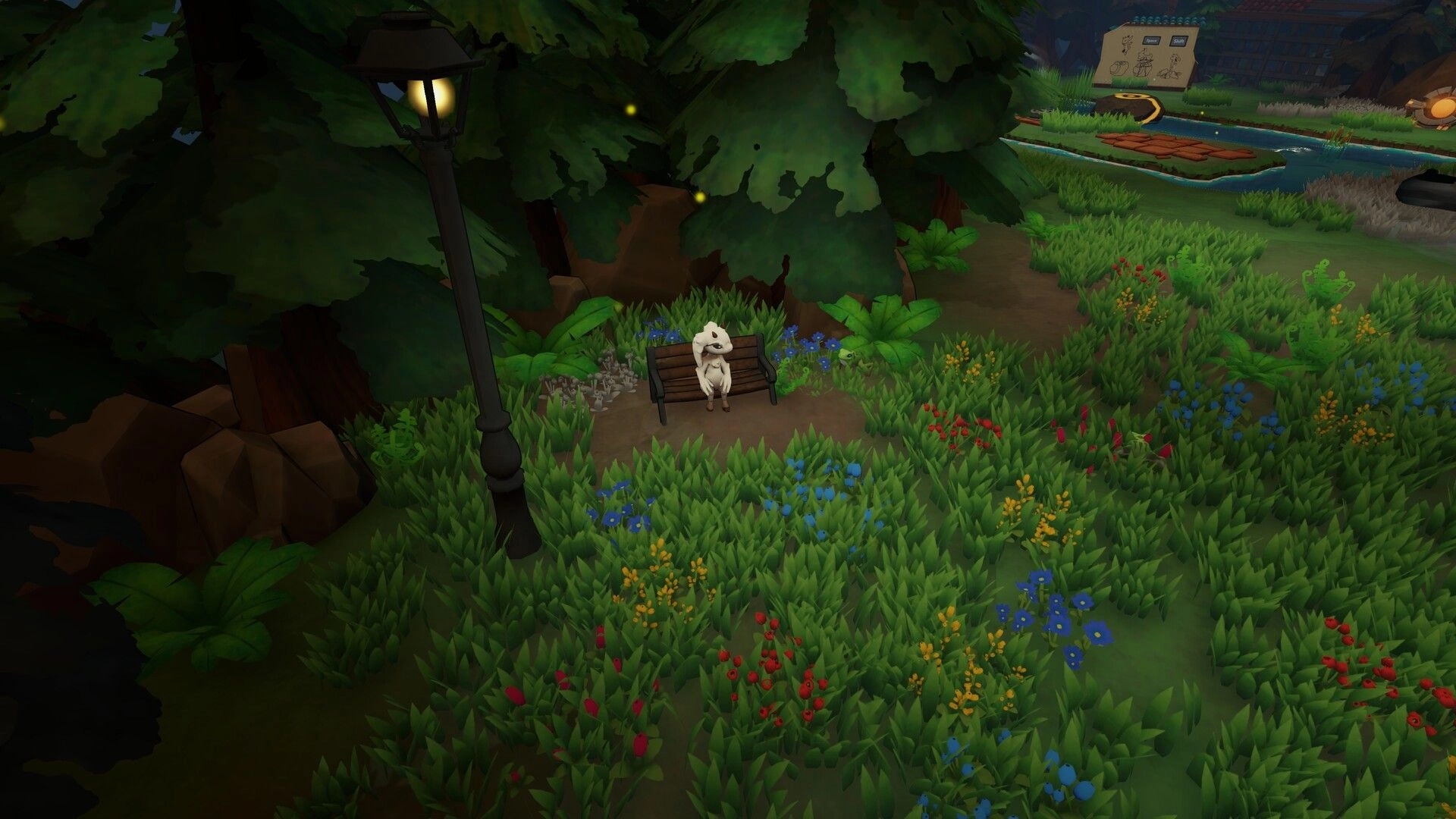 Adapta Solva: Creature sitting on a bench in a lush forest clearing under a glowing streetlamp.