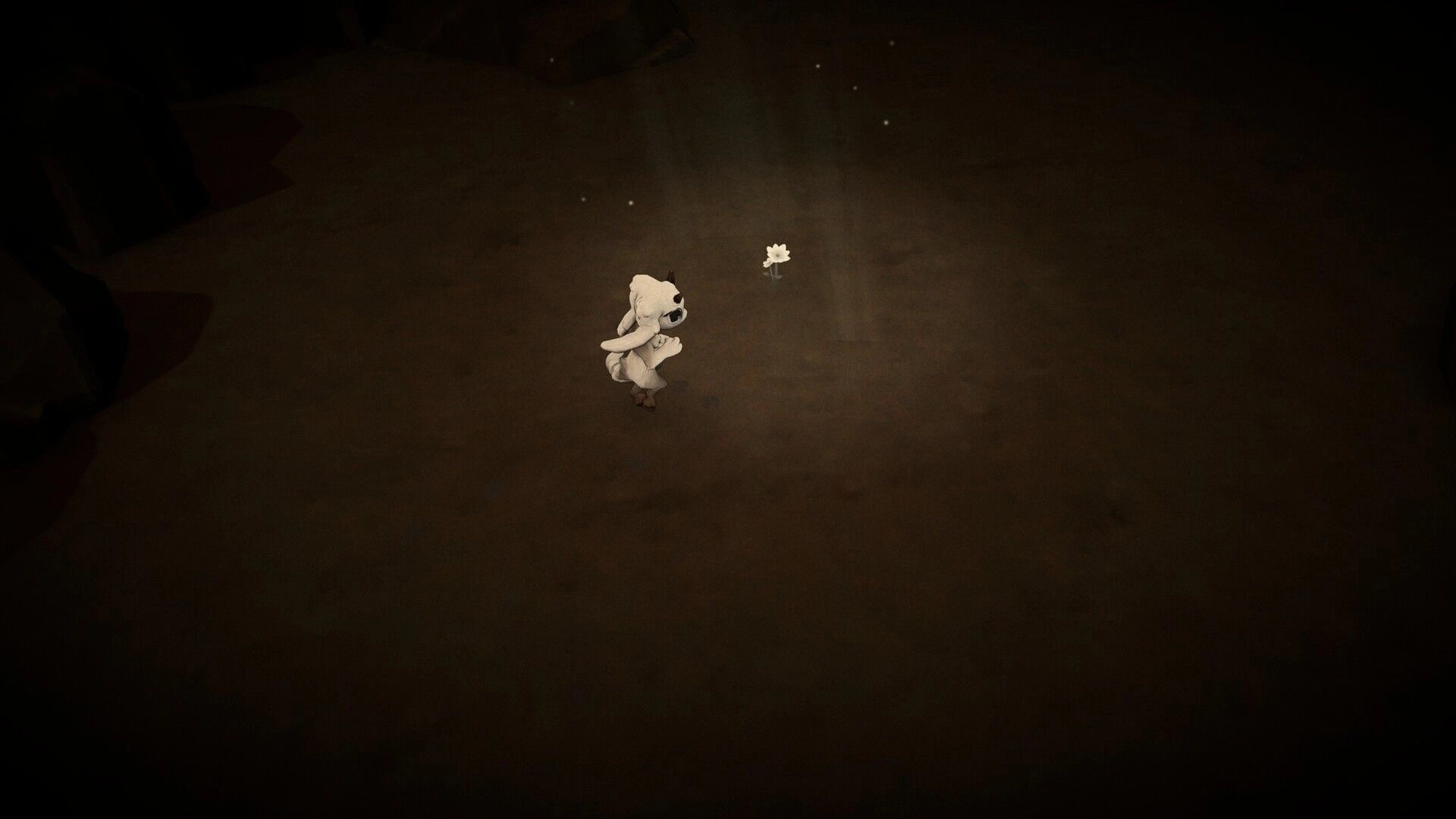 Adapta Solva: Adaptarian character approaches glowing flower in dimly lit underground cave.