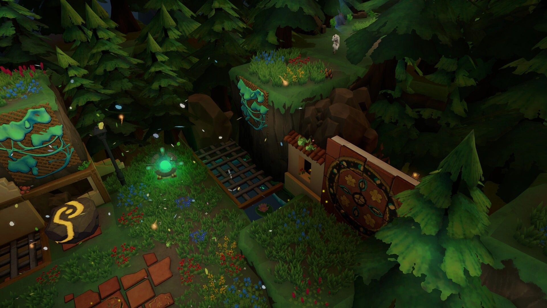 Adapta Solva: Lush forest puzzle area with elemental symbols and a glowing green orb on the ground