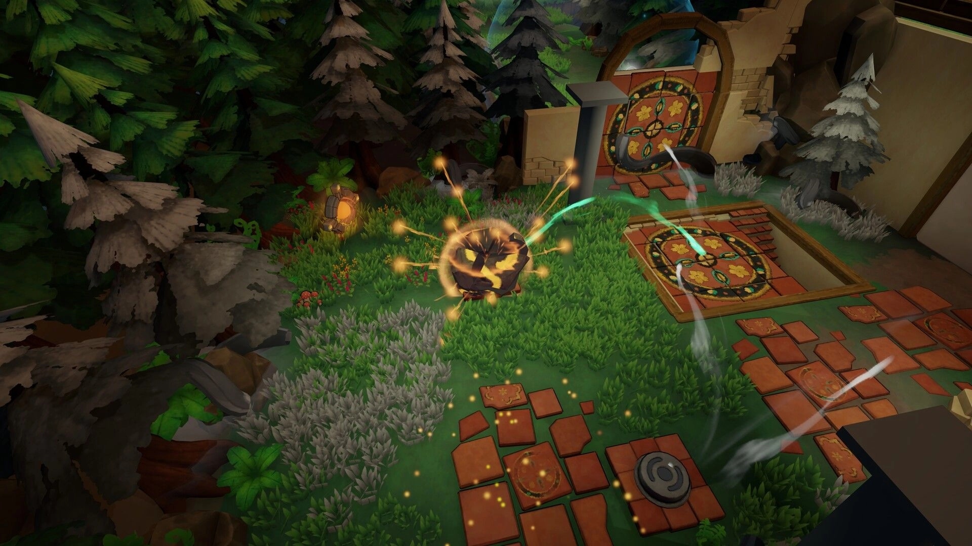 Adapta Solva: Elemental spirit casting magic in overgrown forest clearing with ancient stone puzzle tiles