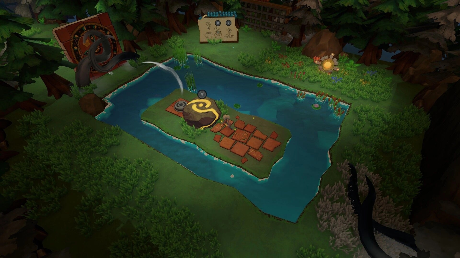 Adapta Solva: Puzzle-solving on a grassy island with elemental symbols and a surrounding forest stream.