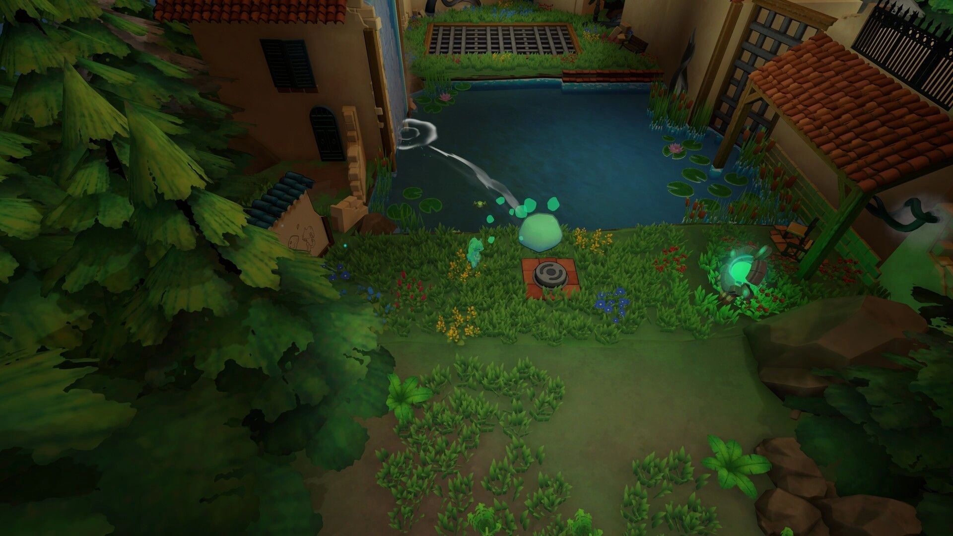Adapta Solva: Elemental spirit activates water flow in lush garden with stone buildings and a tranquil pond.