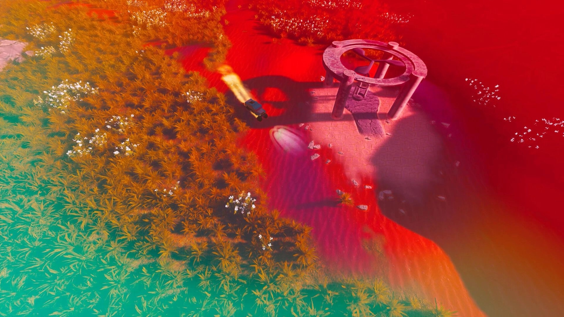 ADRIFT: Vehicle navigating vibrant desert landscape with ancient structure amidst colorful dunes