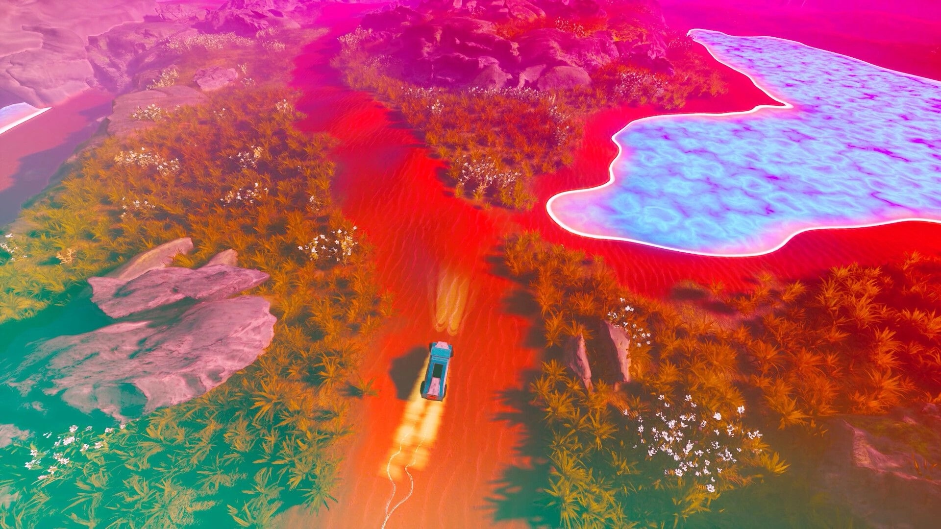 ADRIFT: Vehicle navigates vibrant desert landscape with lush vegetation and a shimmering oasis nearby