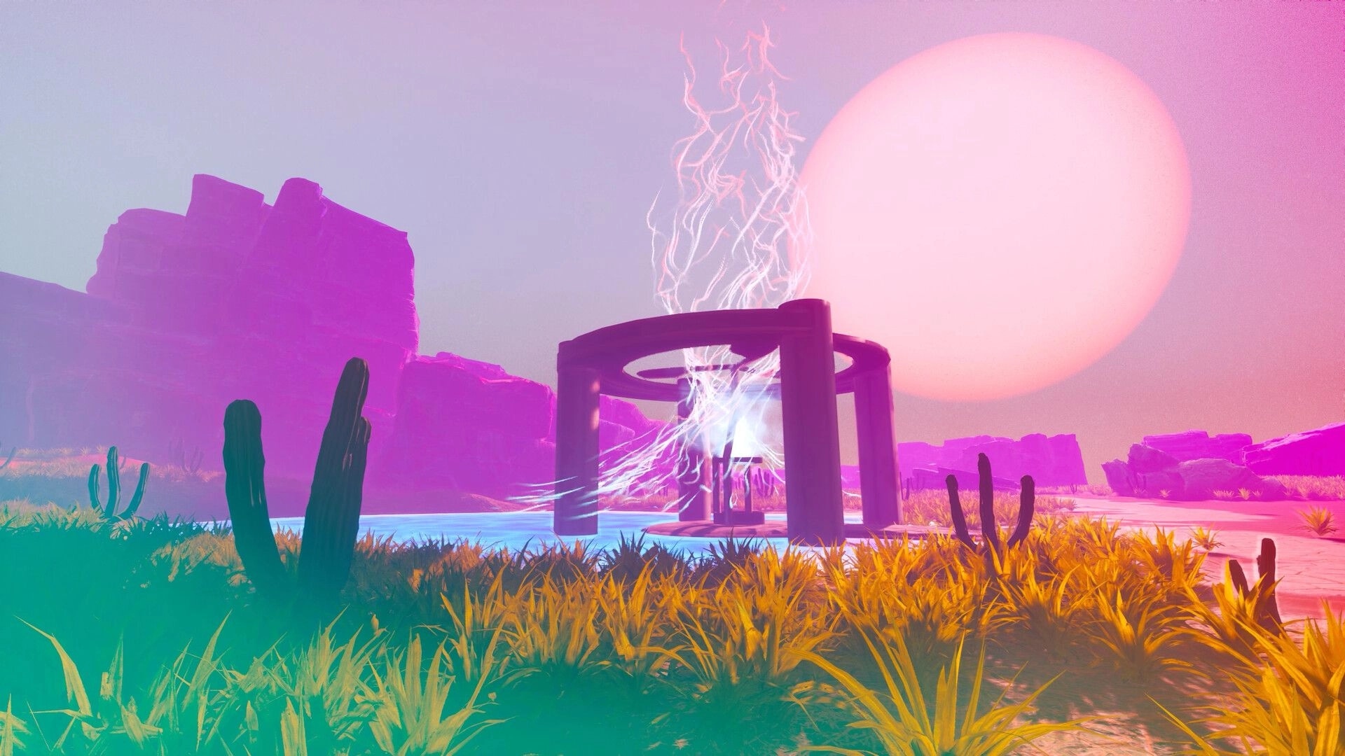 ADRIFT: Glowing structure with electric currents in a vibrant desert landscape under a large sun.