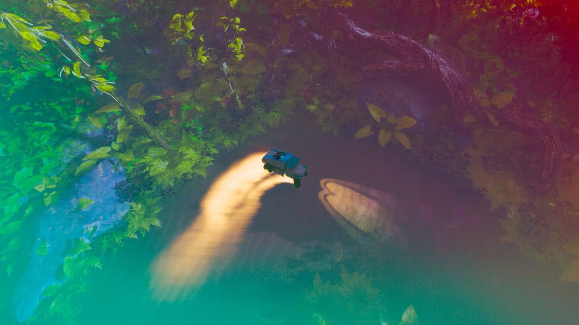 ADRIFT: Vehicle navigating a lush, shadowy forest path with vibrant foliage and dynamic lighting effects