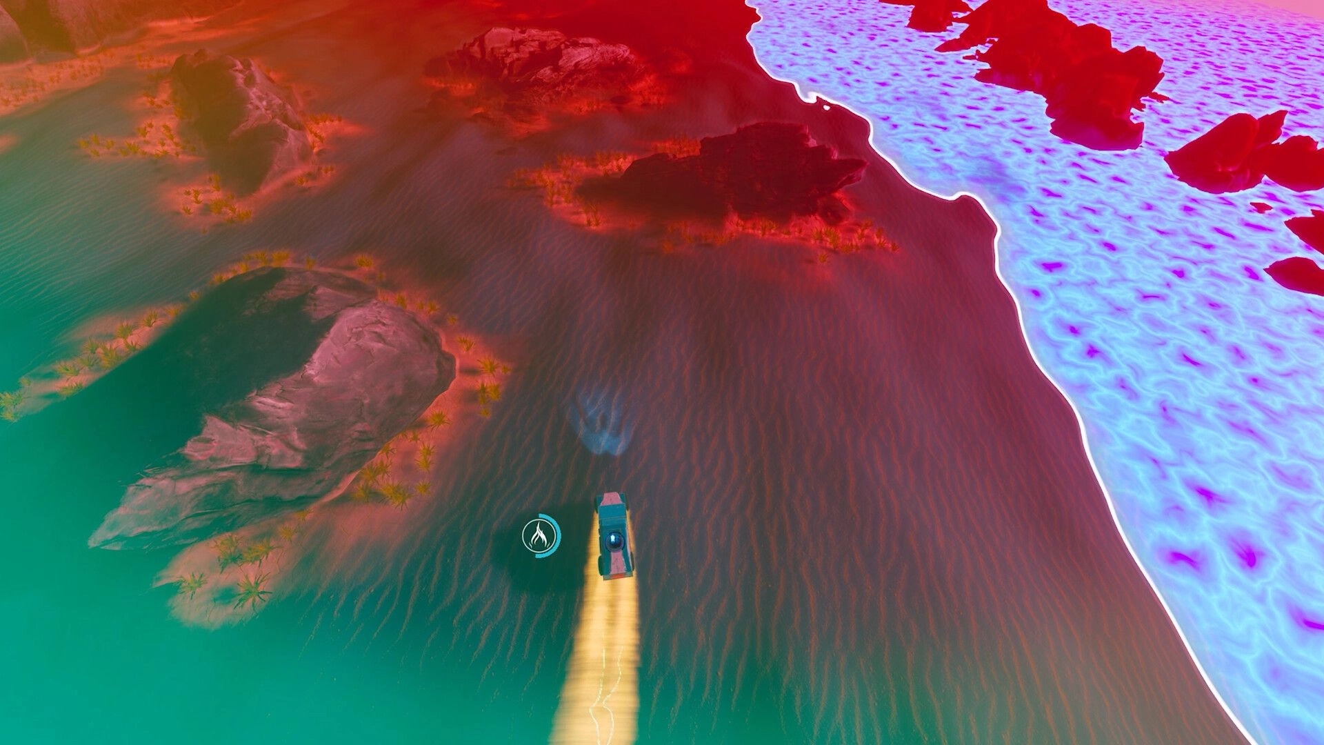 ADRIFT: Vehicle navigating vibrant desert terrain with glowing borders and rocky formations