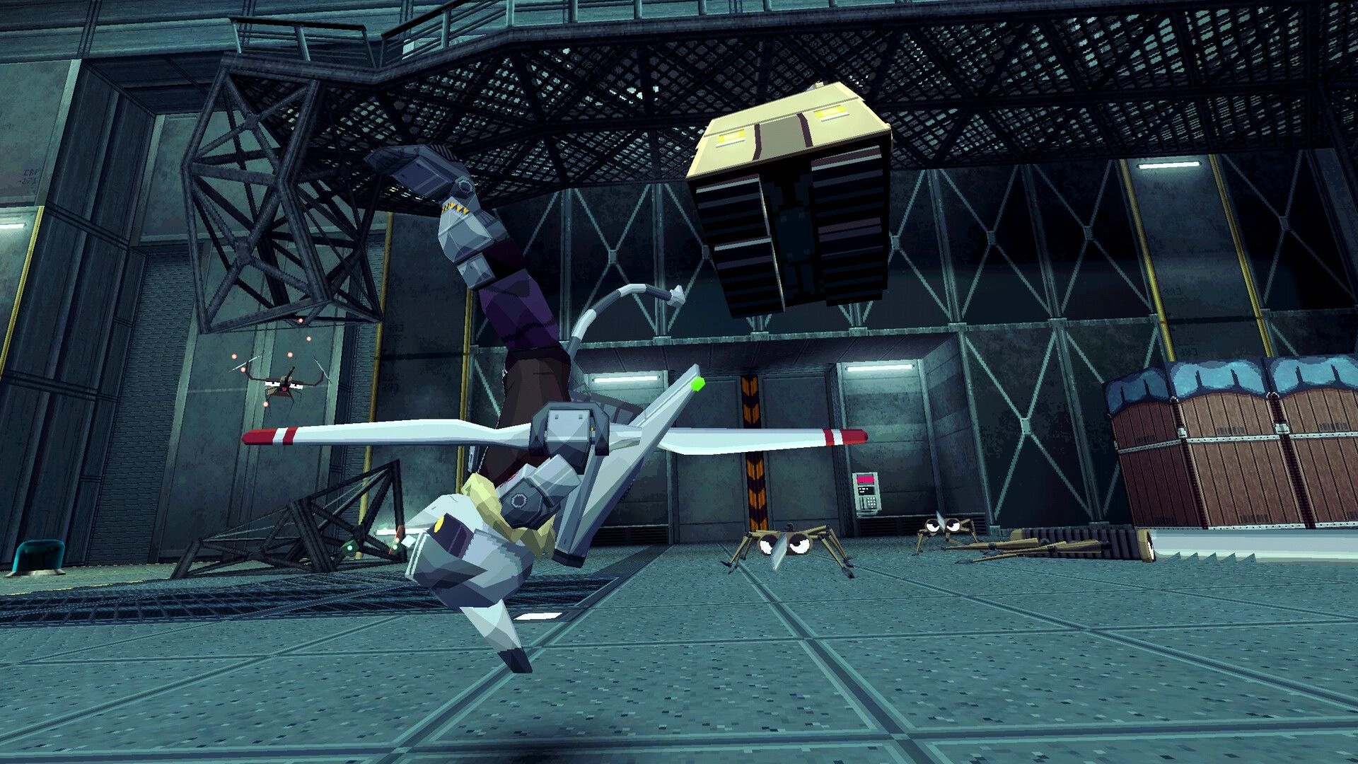 AEROMACHINA: Bogey flips midair near a drone and spider bots inside a steel hangar with crates.