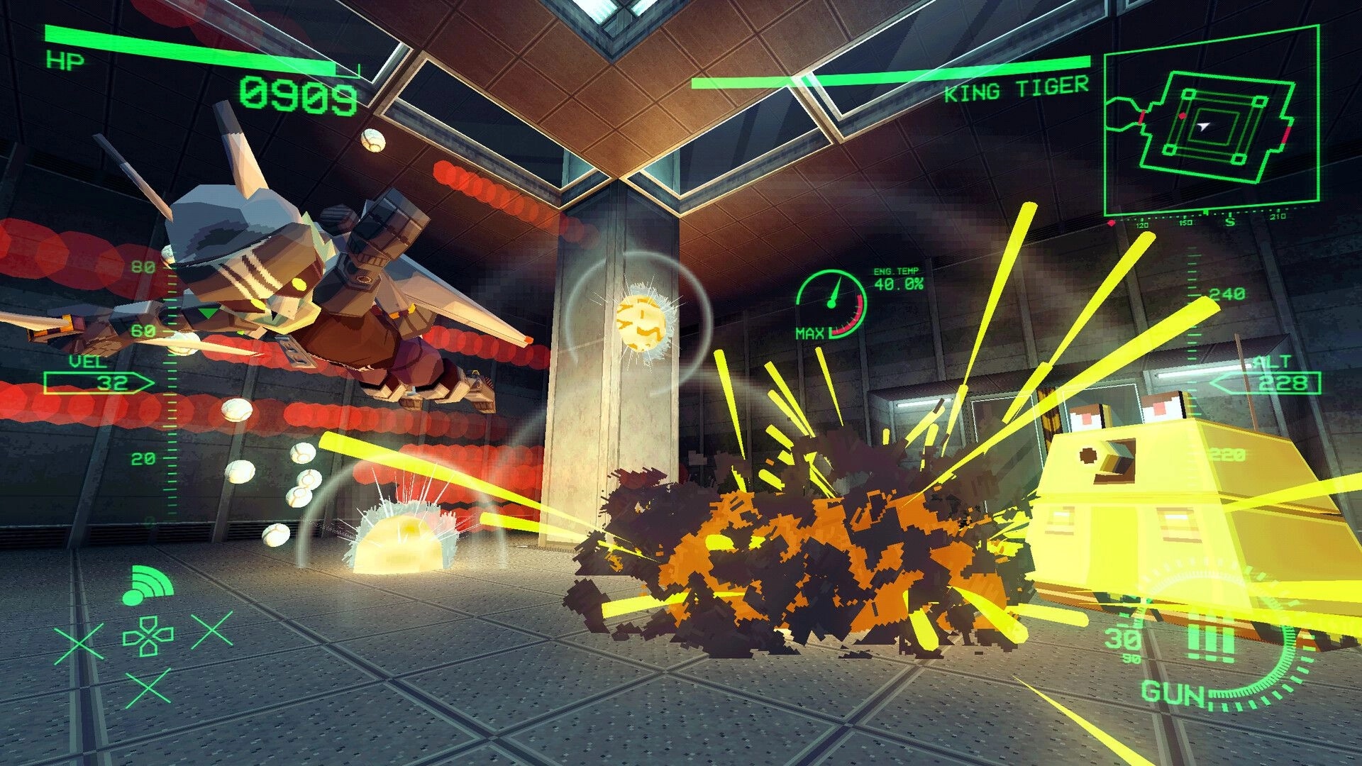 AEROMACHINA: Jet android fires on King Tiger tank in hangar, HUD shows HP, minimap and gun meter.