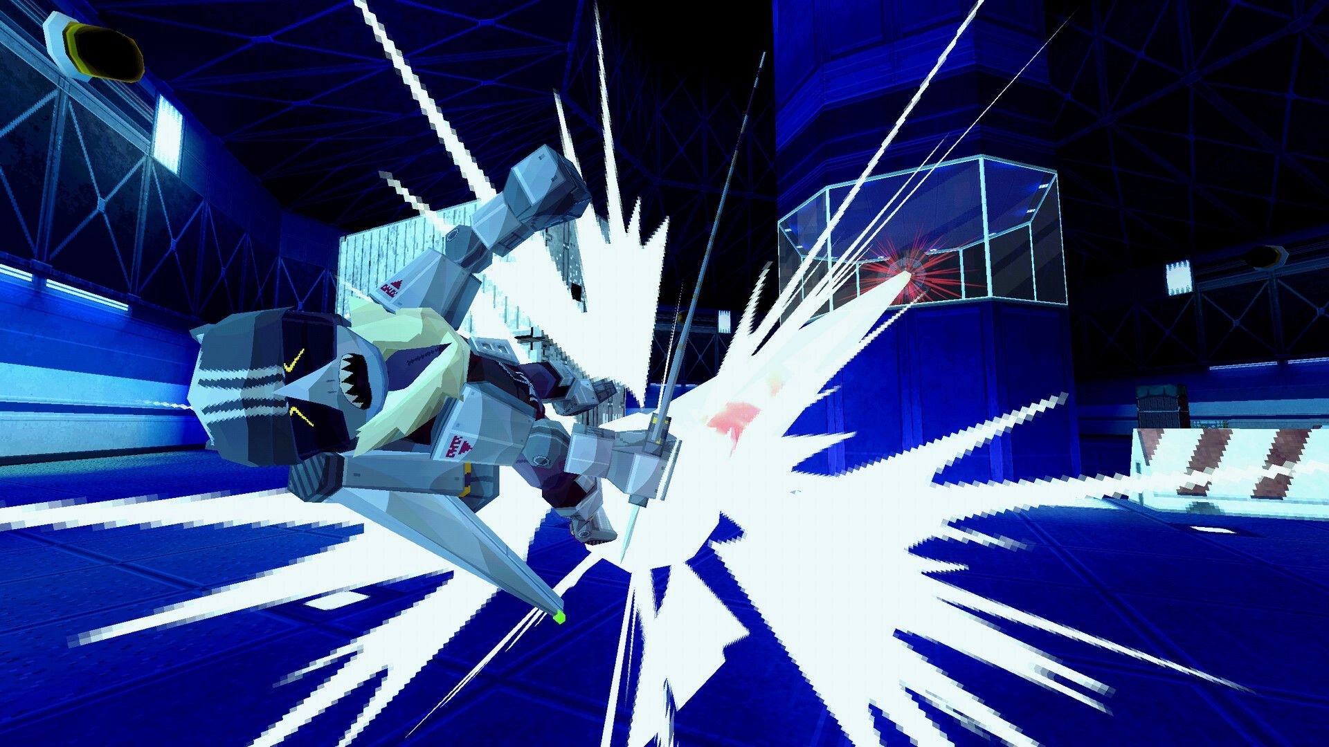 AEROMACHINA: Bogey dashes in midair with blade attack, bright impact sparks in blue facility arena.